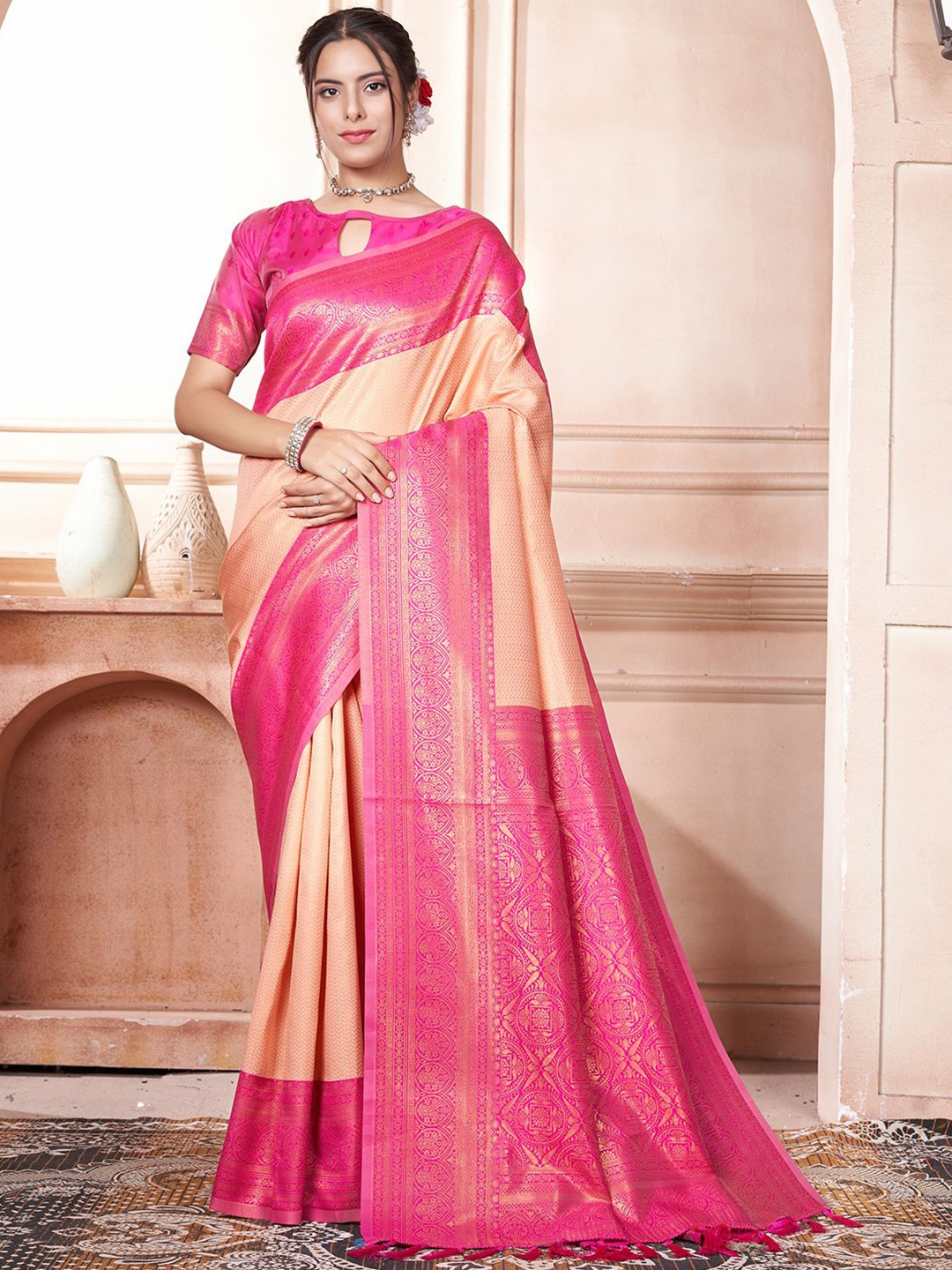 

Mitera Woven Design Zari Kanjeevaram Saree, Cream