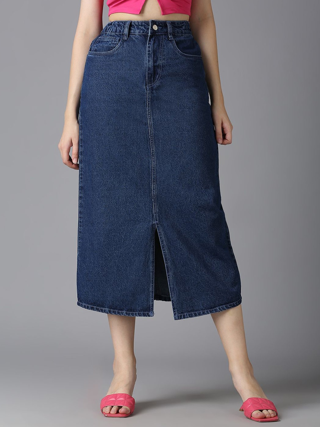 

CEFALU Women A-Line Midi Skirt With Front Slit, Blue
