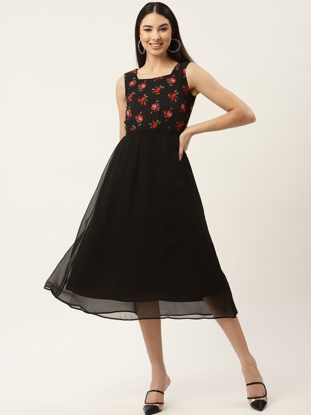 

Moda Rapido Floral Print Georgette Fit & Flare Midi Dress, Black