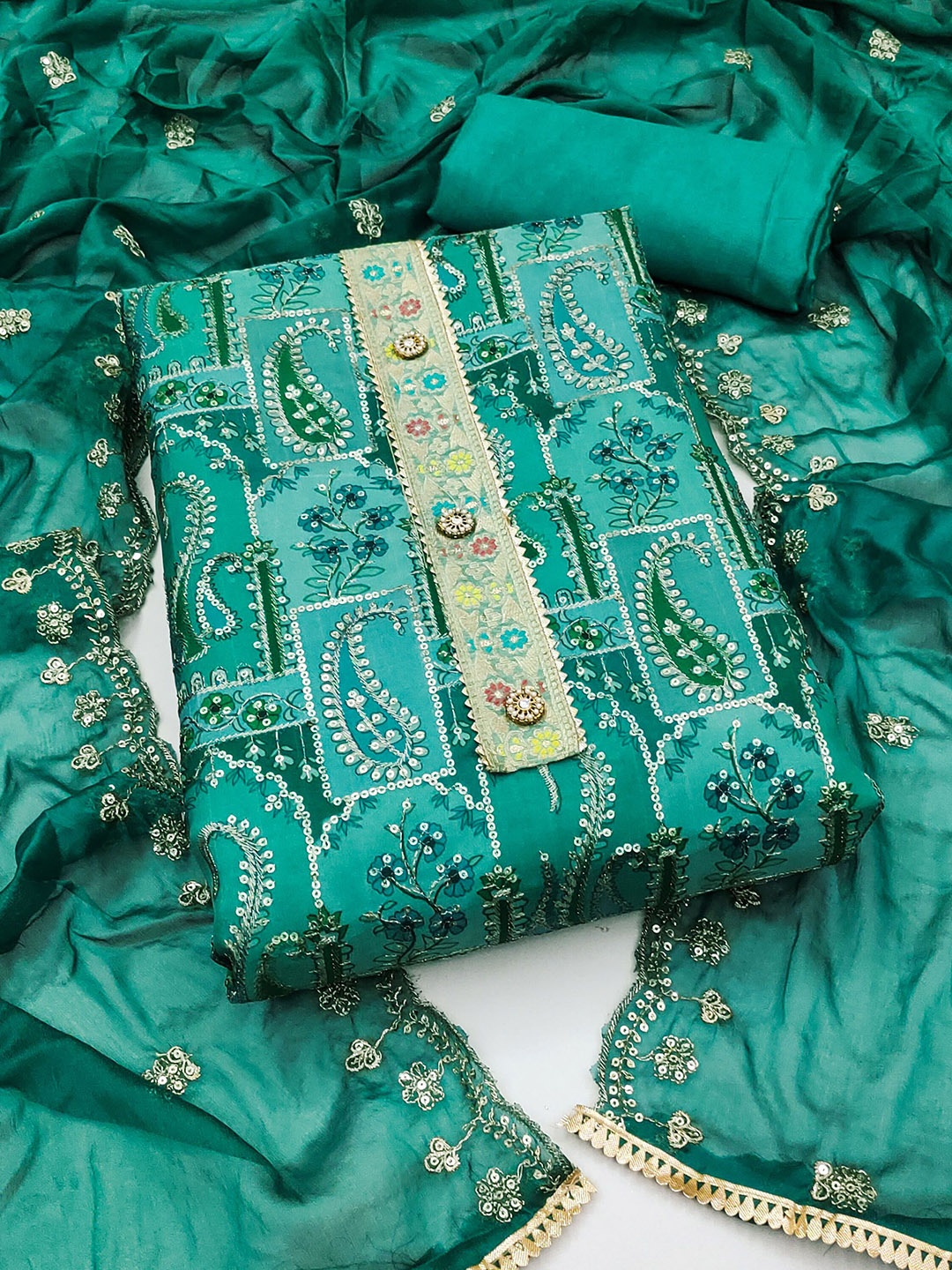 

Blissta Paisly Embellished Sequinned Organza Unstitched Dress Material, Green