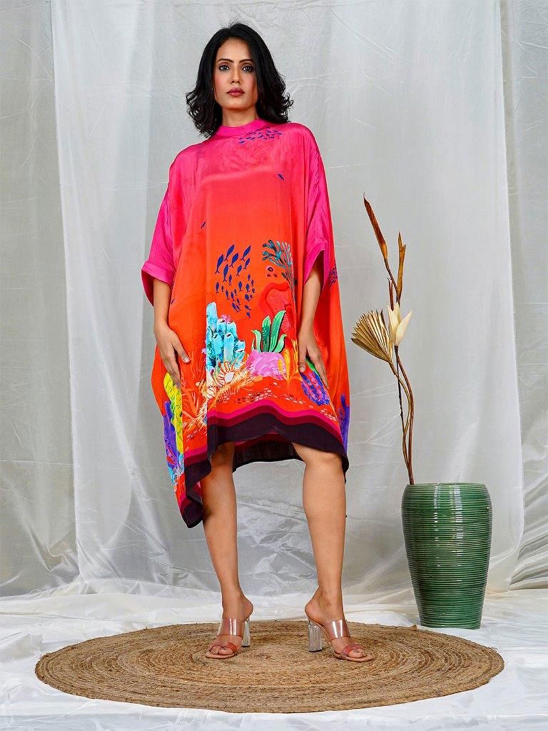 

EARTH O FAB Women Choker Neck Kimono Sleeve Kaftan Dress, Orange