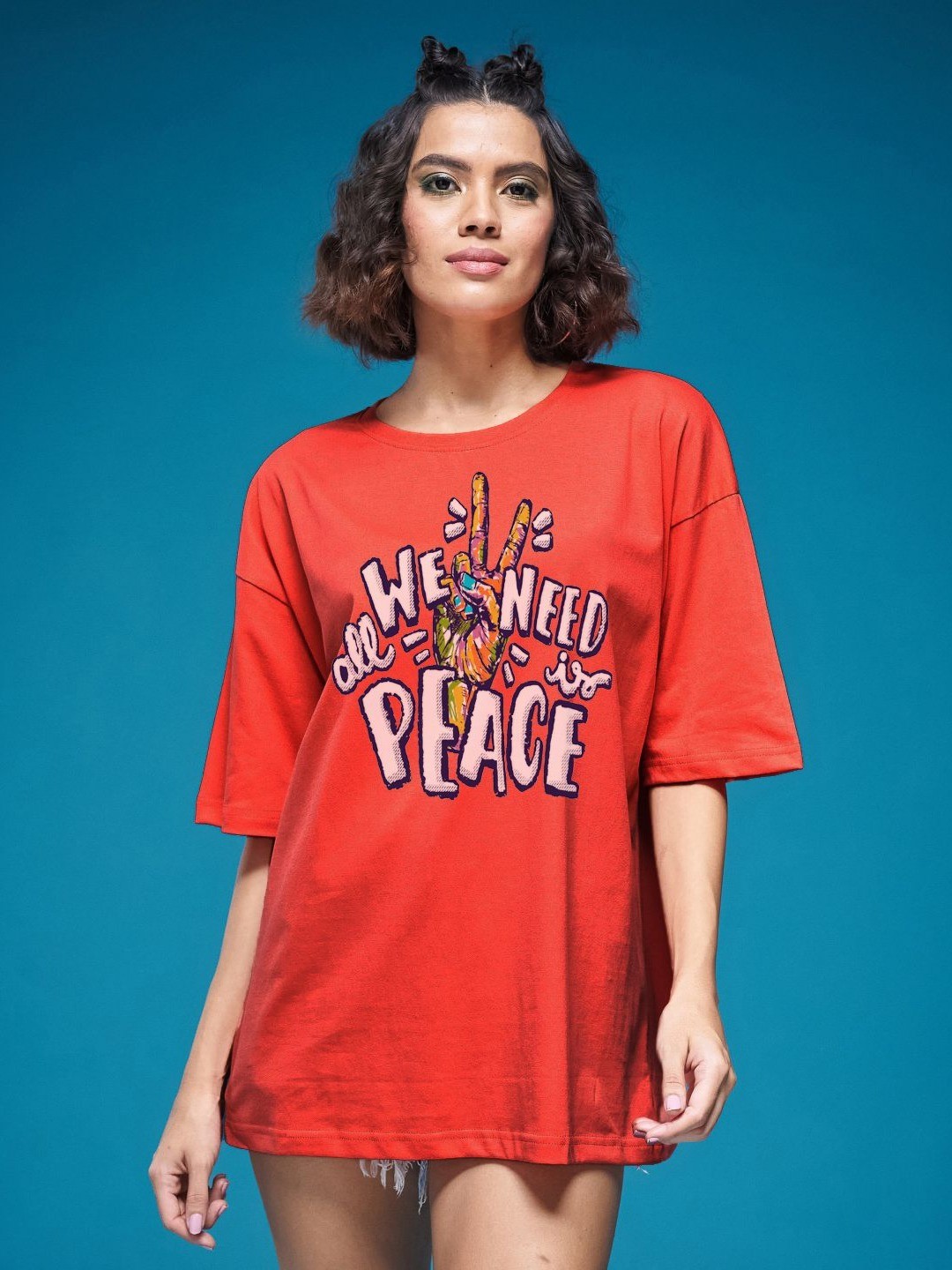

SMARTEES Women Typography Printed Round Neck Cotton Oversized T-shirt, Red