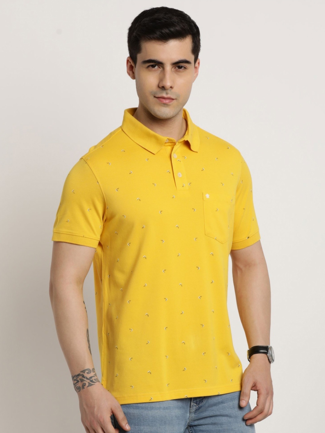 

Turtle Men Conversational Printed Polo Collar Cotton Slim Fit T-shirt, Yellow
