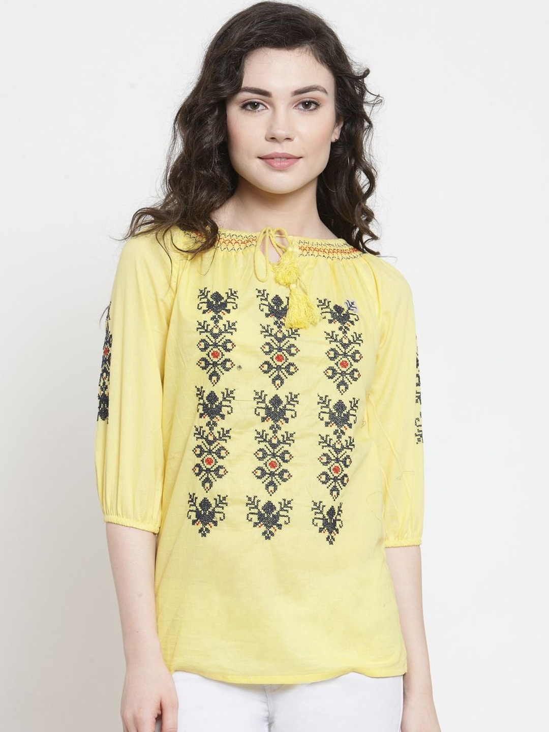 

Moda Rapido Women Embroidered Tie-Up Neck Cotton Top, Yellow