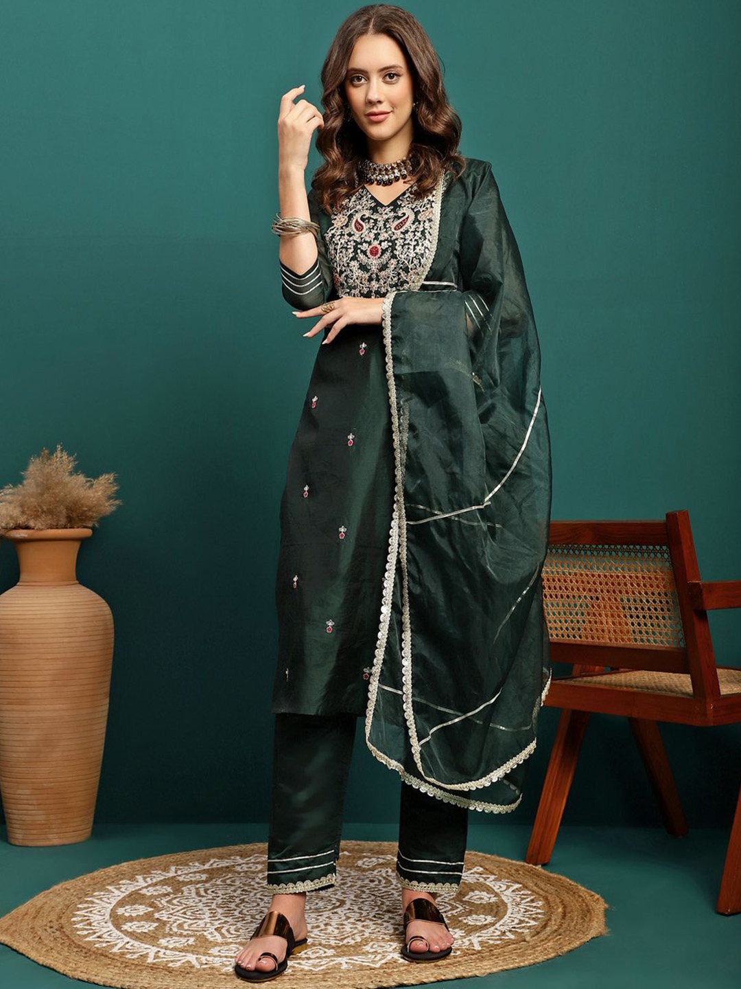 

Sangria Green V-Neck Embroidered Chanderi Silk Straight Kurta With Trouser & Dupatta