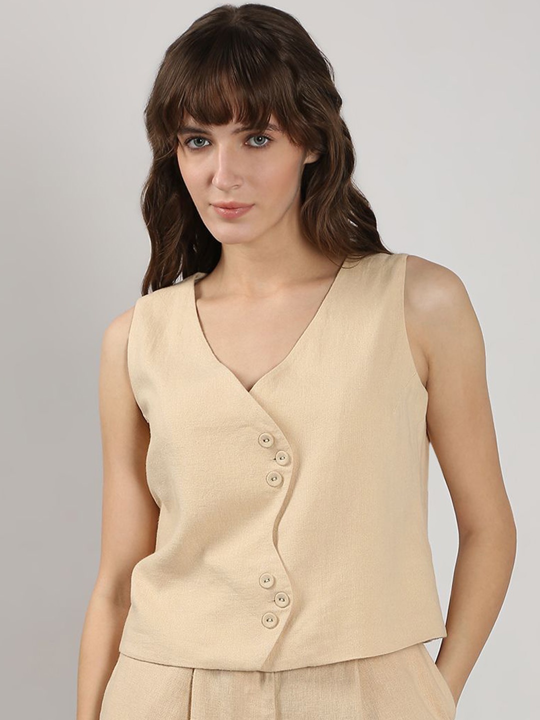 

Vero Moda V-Neck Sleeveless Cotton Linen Waistcoat, Beige