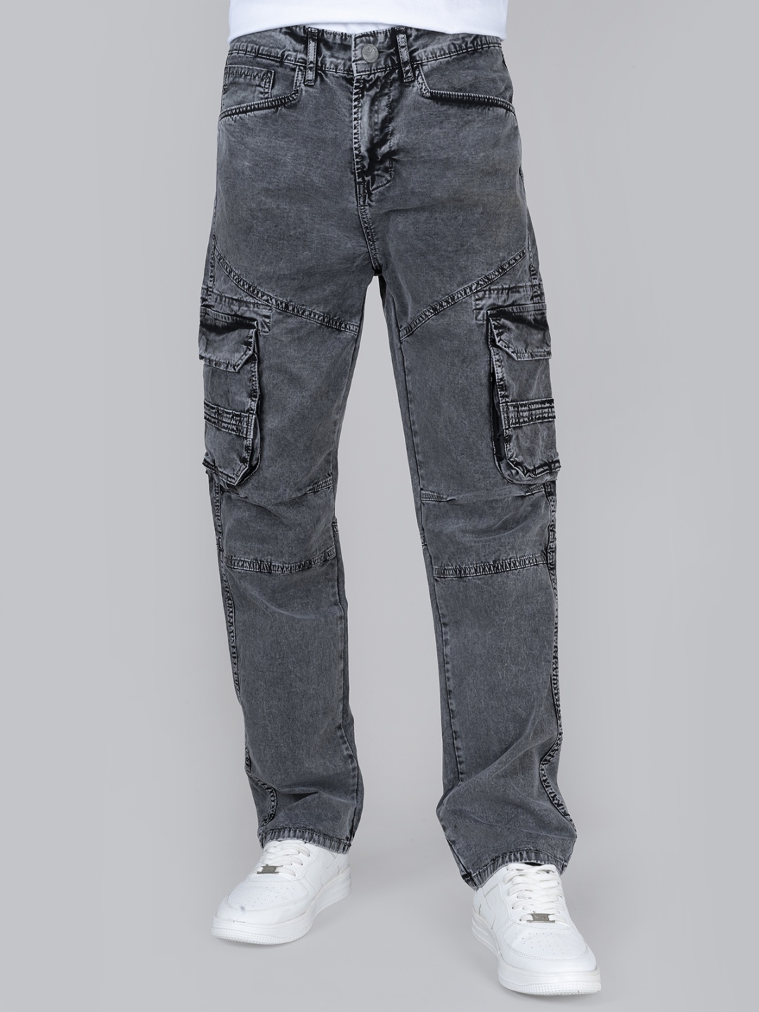 

PEPLOS Men Faded Comfort Straight Fit Cargo Trousers, Charcoal