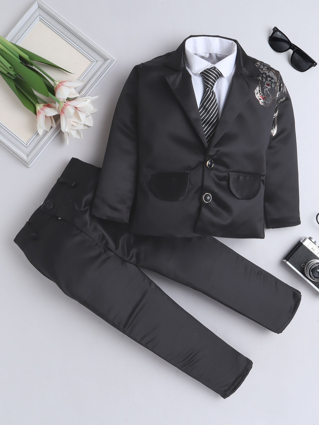 

FOURFOLDS Boys Printed 3-Piece Waistcoat & Trouser Suit Set, Black