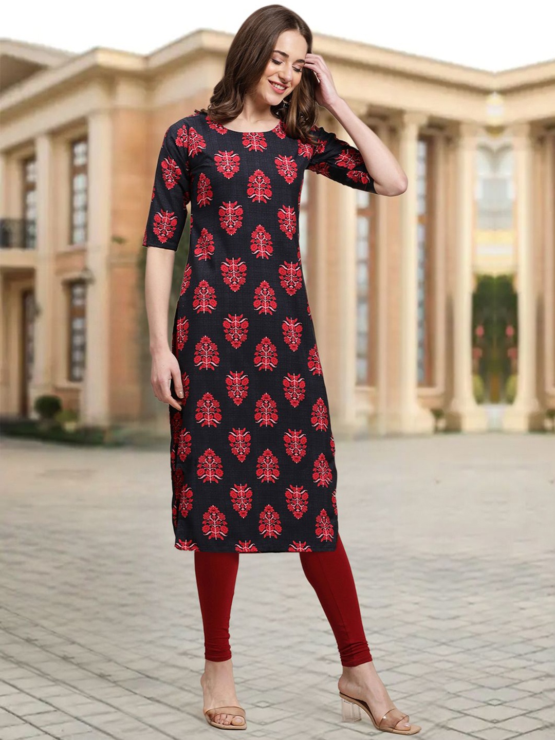 

7Threads Ethnic Motifs Printed Round Neck Straight Kurta, Black