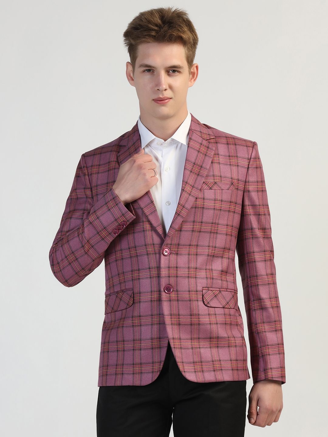 

TAHVO Checked Notched Lapel Single Breasted Blazer, Purple