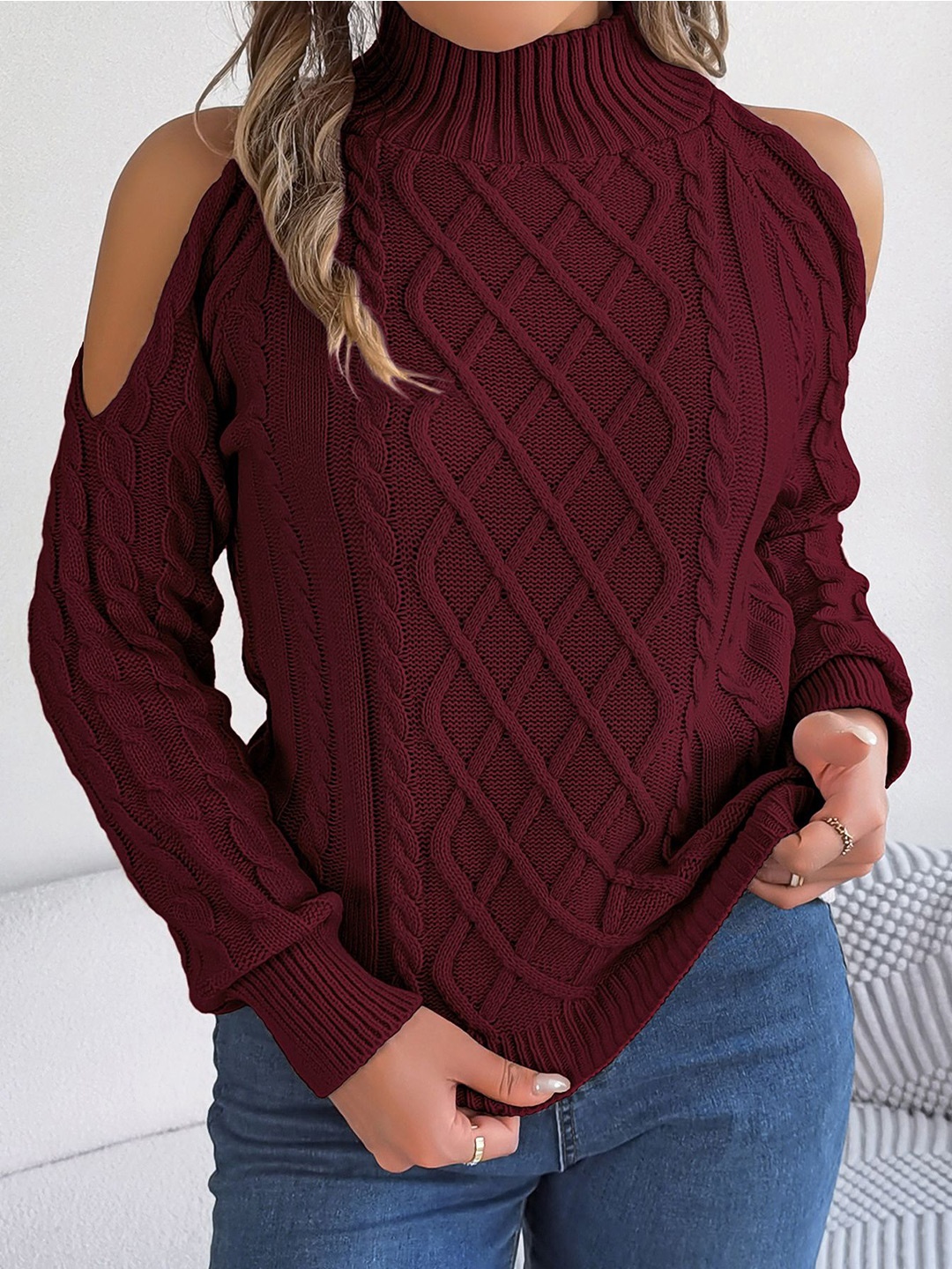 

StyleCast x Revolte Women Cable Knit Pullover, Maroon