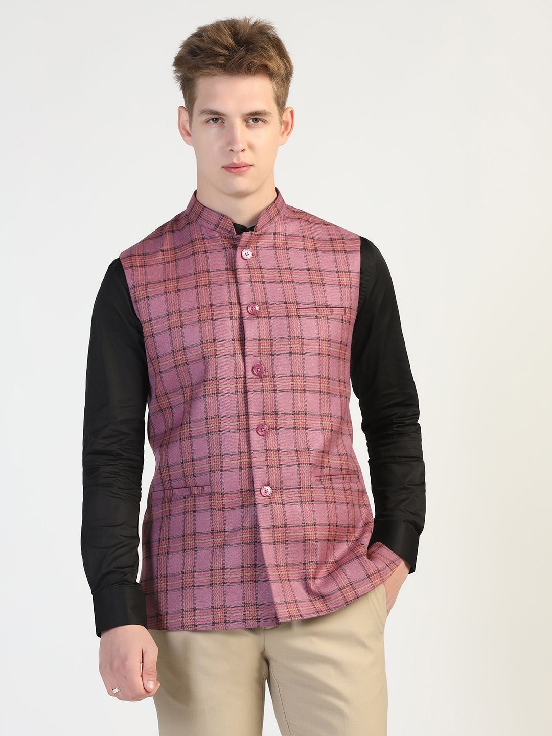 

PTAHVO Checked Mandarin Collar Nehru Jacket, Pink