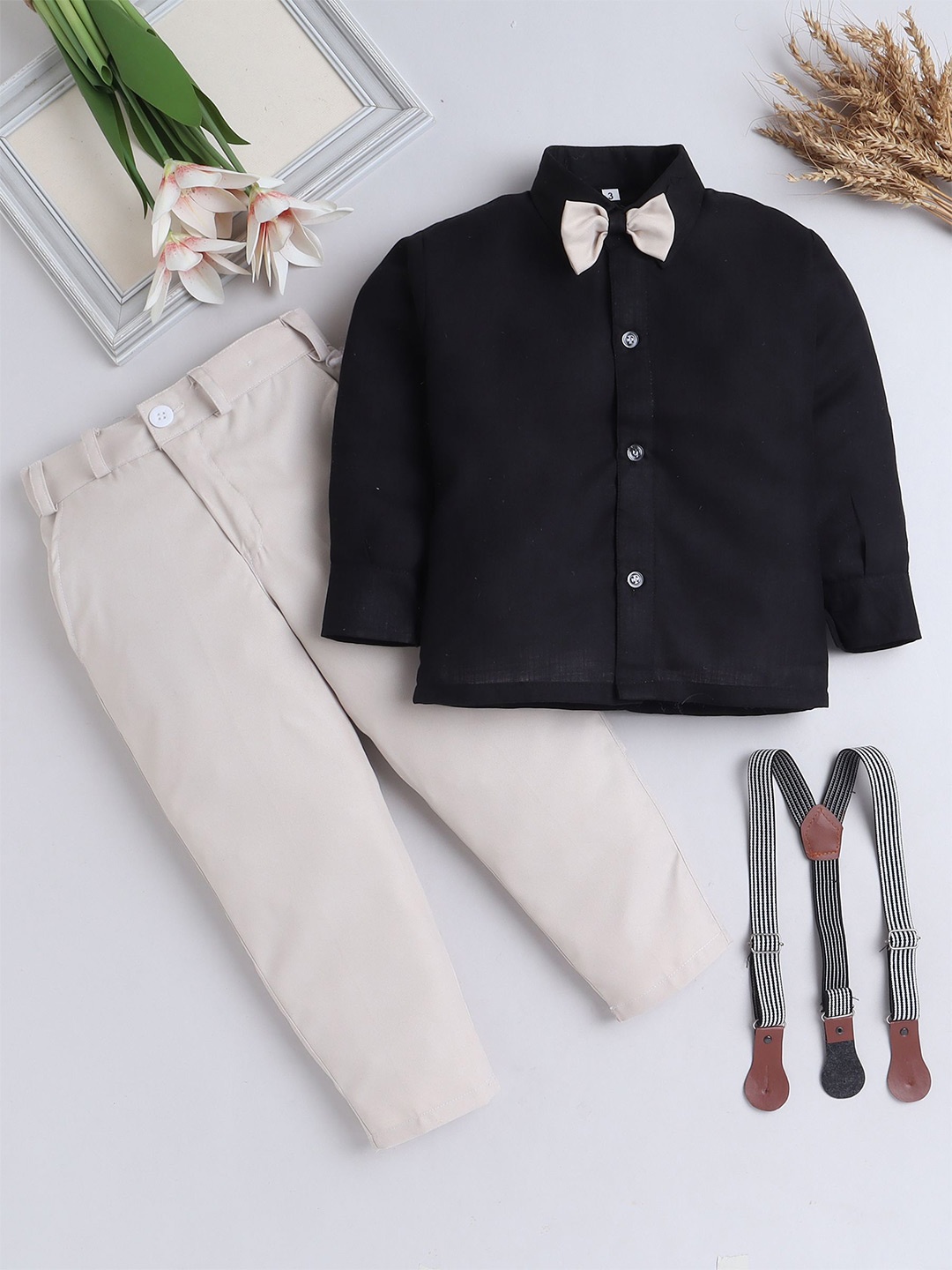 

BAESD Boys Long Sleeves Shirt With Trousers And Suspenders, Black