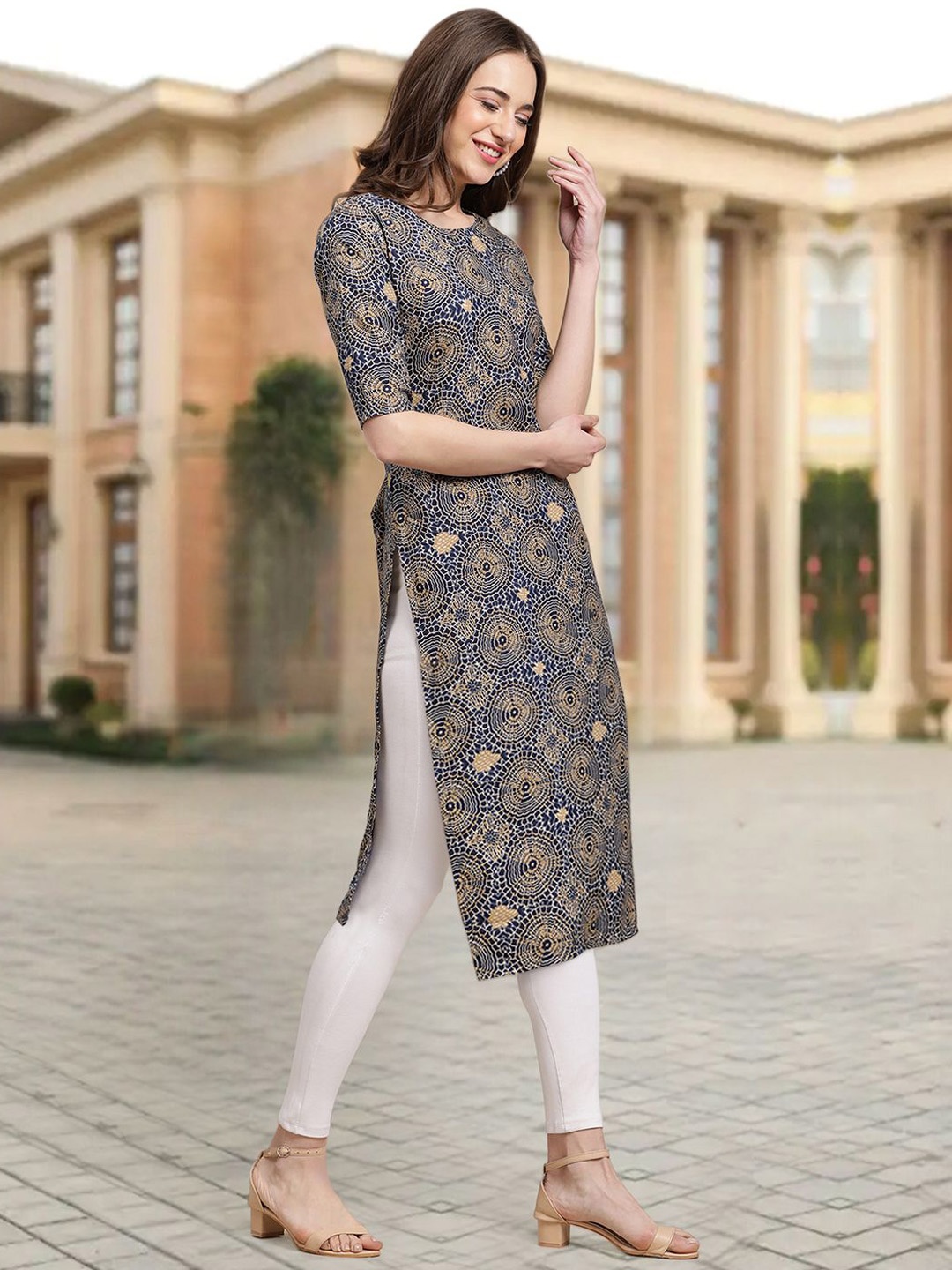 

7Threads Ethnic Motifs Printed Round Neck Straight Kurta, Navy blue