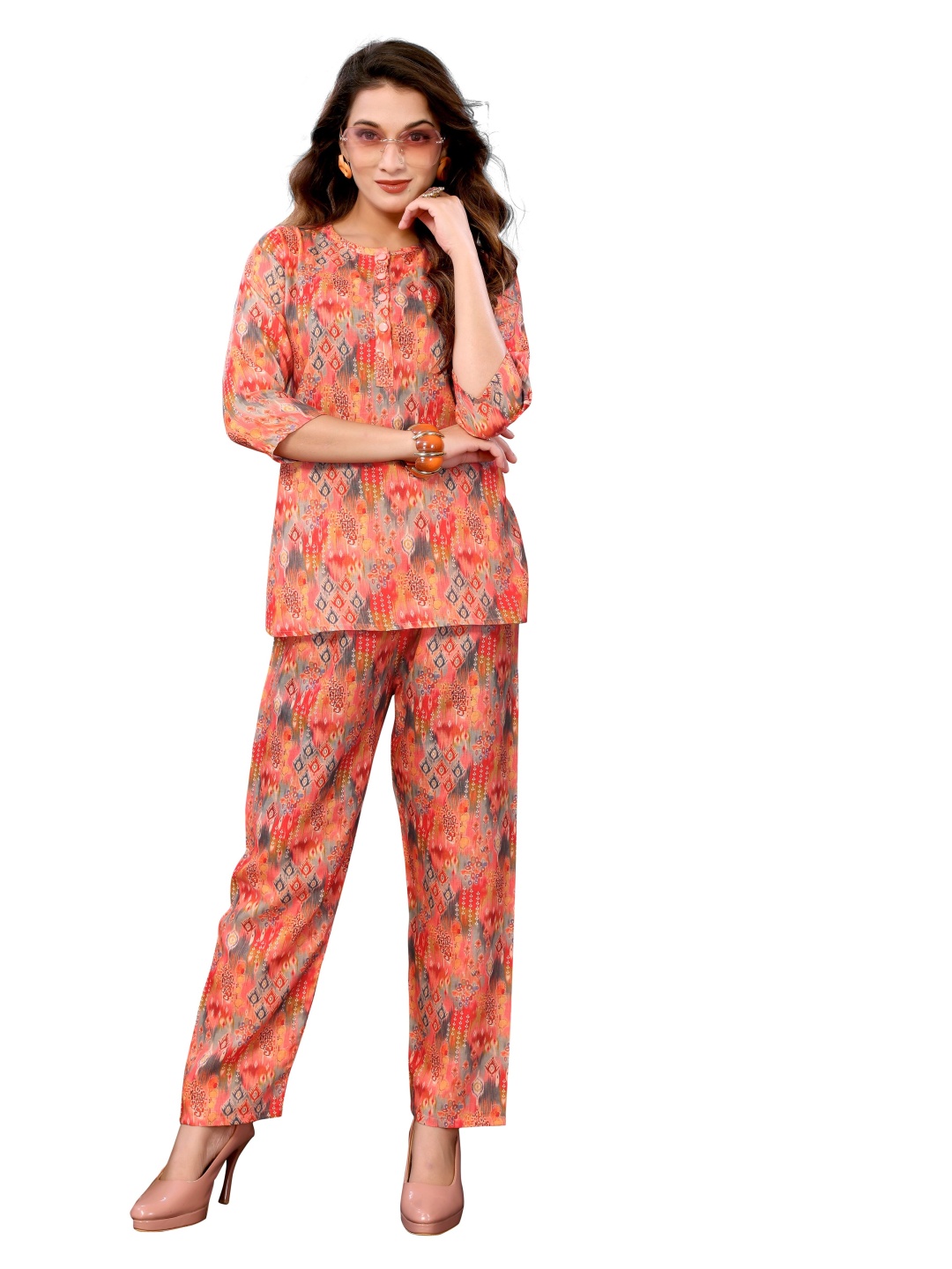 

SHISHKALA Printed Round Neck Pure Cotton Tunic with Trousers, Orange