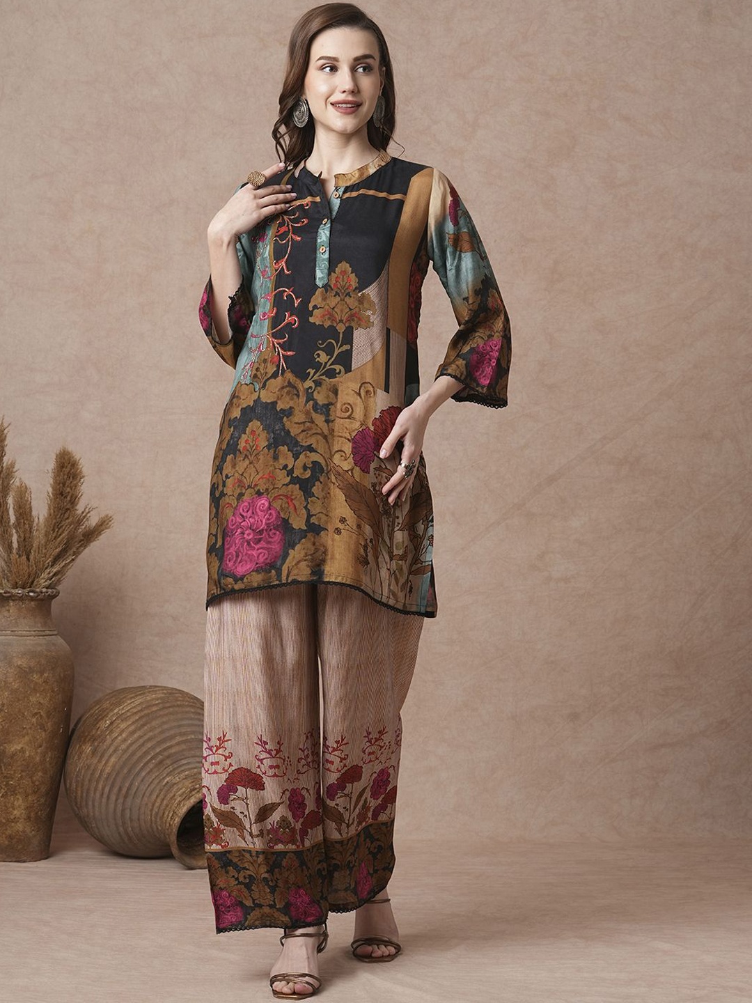 

FASHOR Floral Printed Mandarin Collar Tunic With Palazzos, Brown