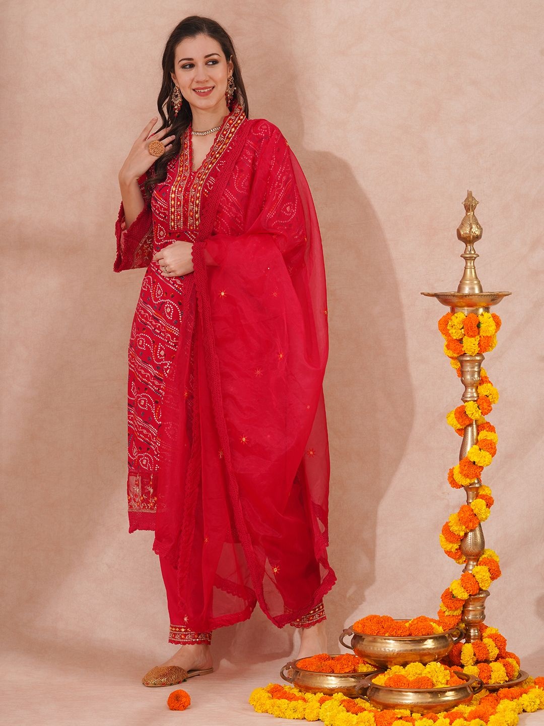 

FASHOR Bandhani Printed Mirror Work V-Neck Straight Kurta With Trousers And Dupatta, Red