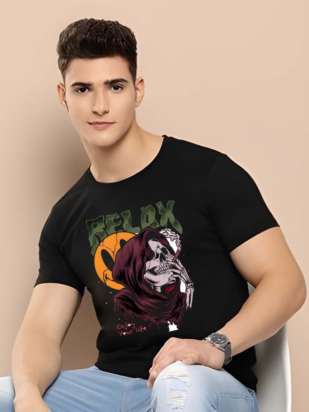 

Krimmple Men Graphic Printed Round Neck Cotton T-shirt, Black
