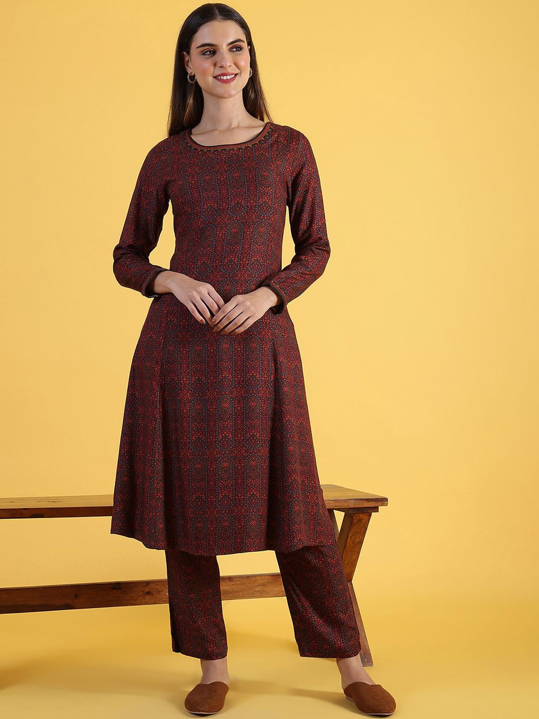 

W Maroon Floral Printed Round Neck A-Line Kurta with Trousers