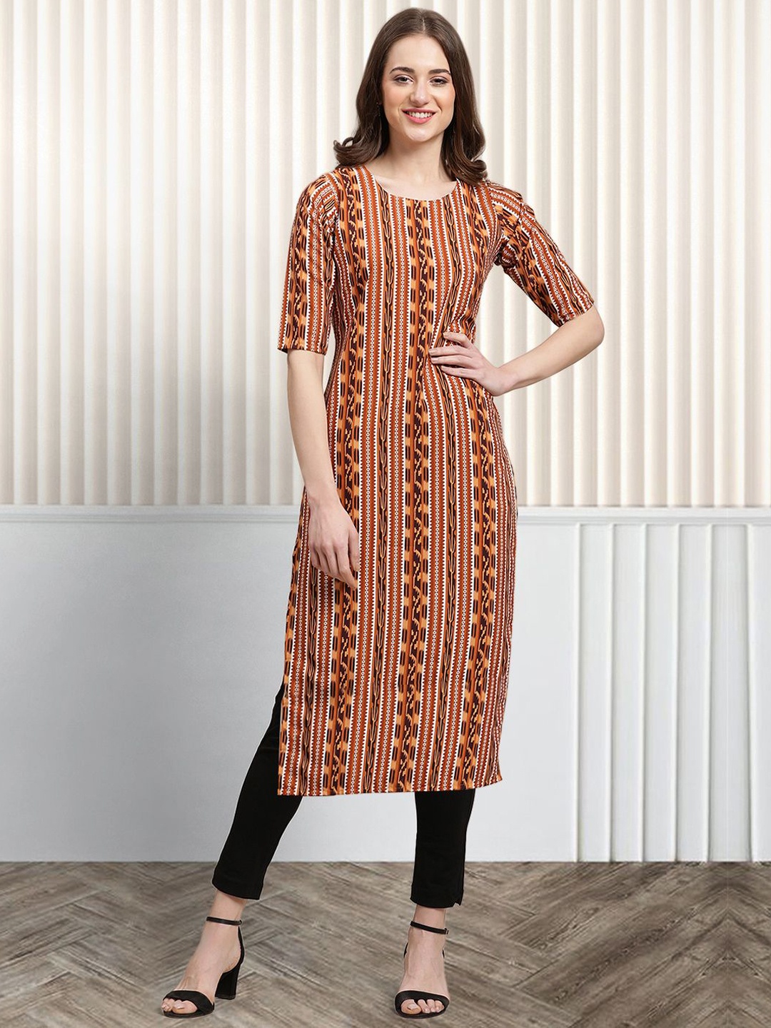 

Moda Rapido Ethnic Motifs Printed Round Neck Straight Kurta, Brown