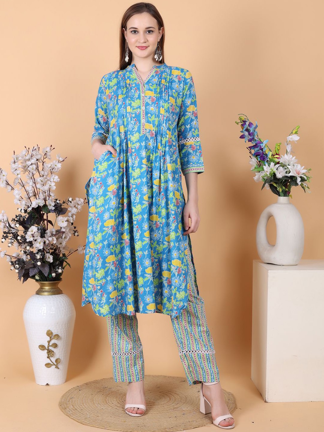 

Jivitha Floral Printed Pleated Pure Cotton A-Line Kurta With Trouser, Blue