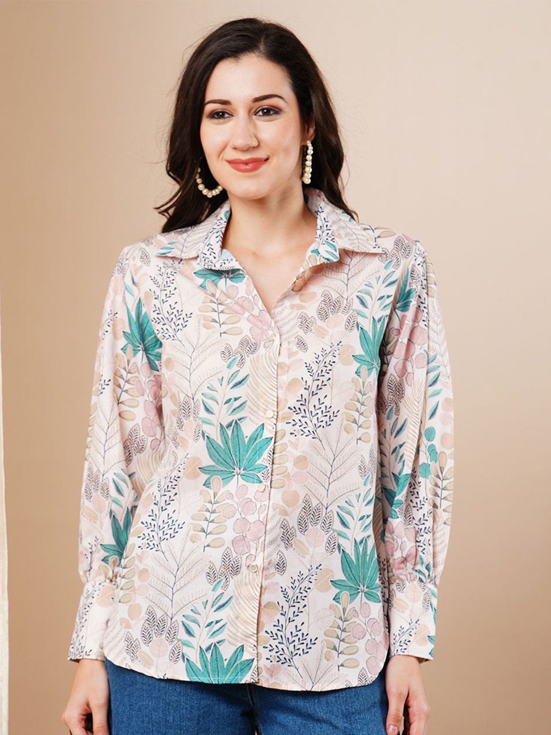 

FASHOR Women Printed Casual Shirt, Cream