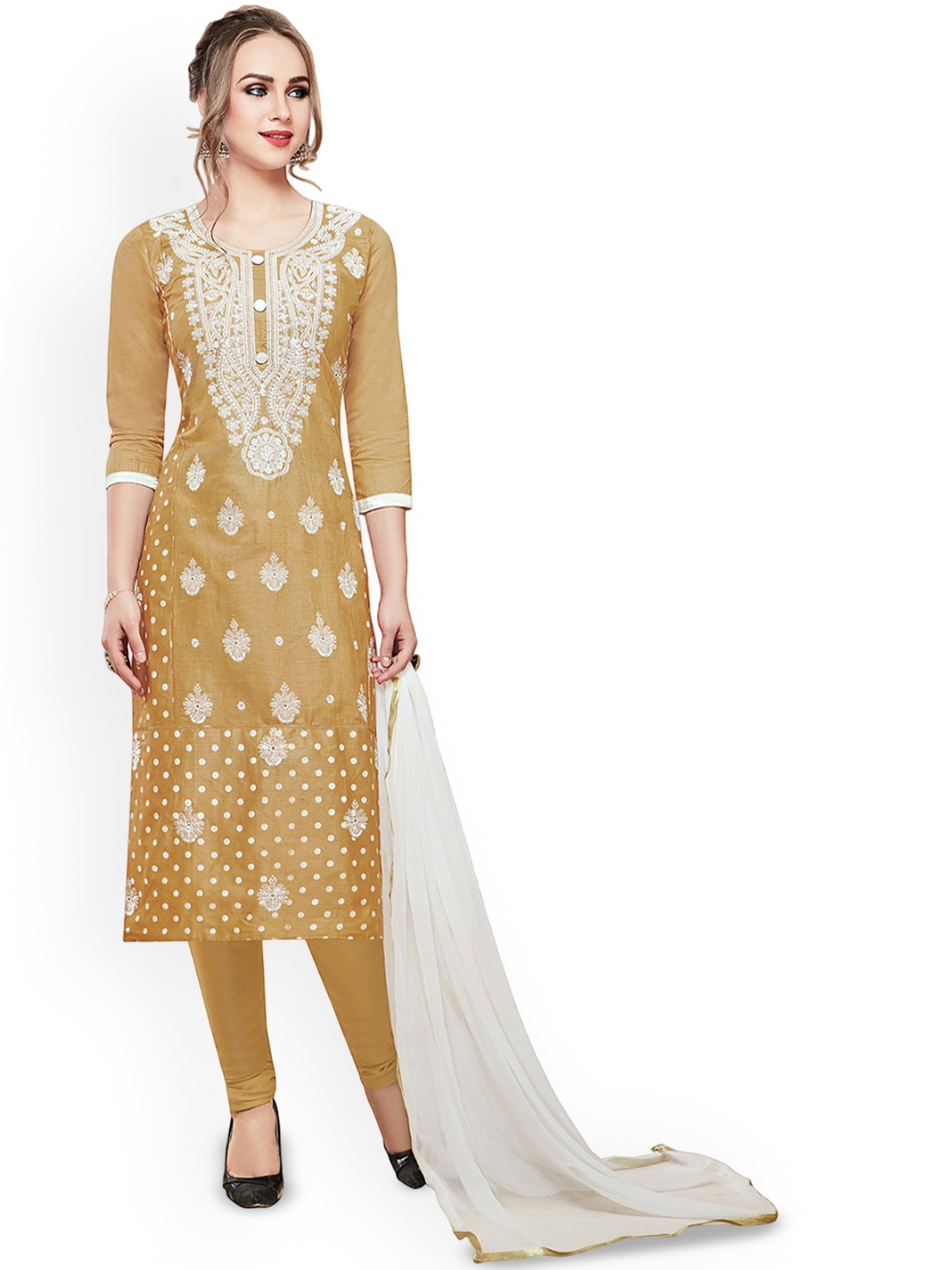 

HERE&NOW Ethnic Motifs Embroidered Unstitched Dress Material, Beige