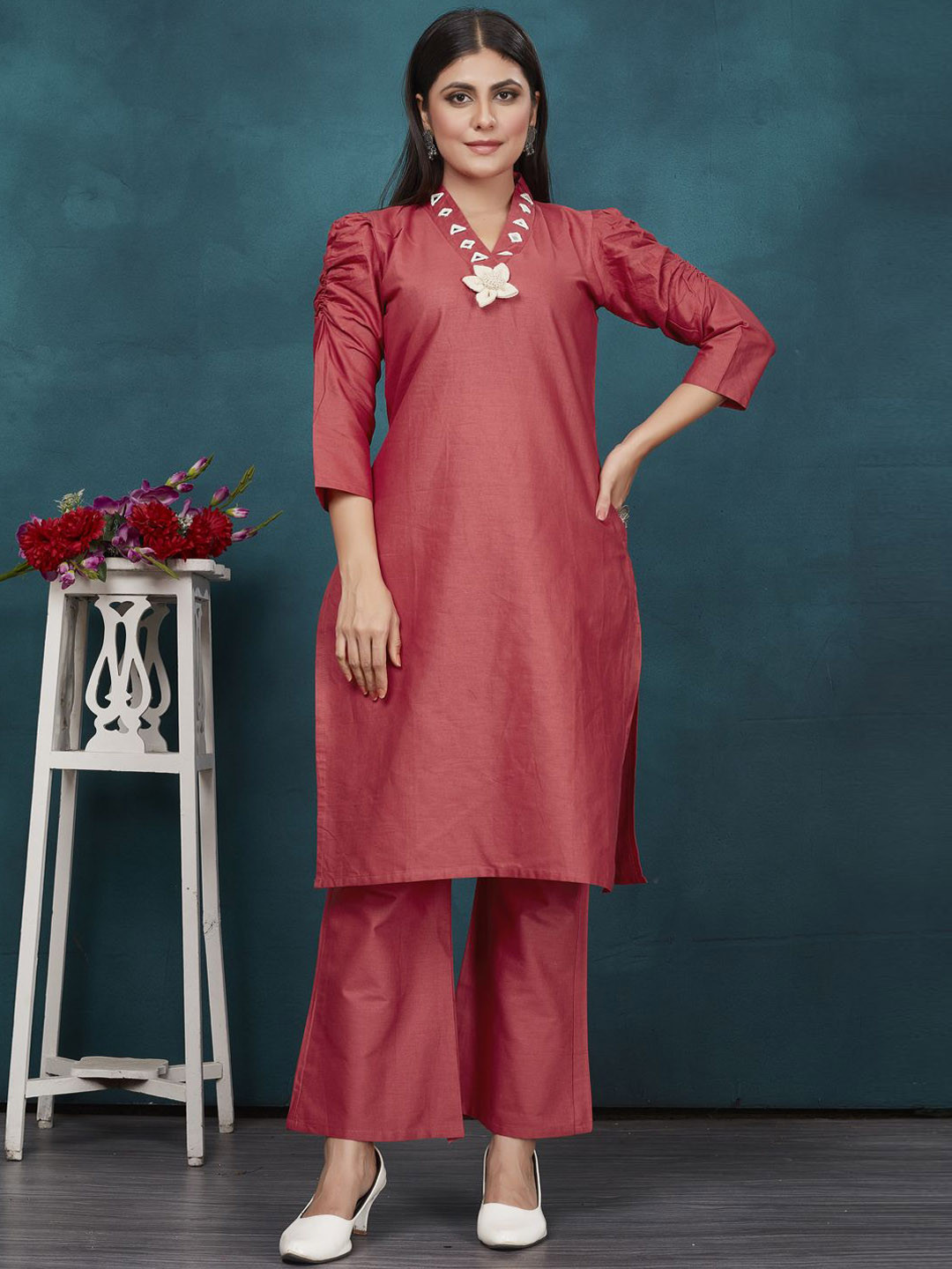 

STYLE SAMSARA V Neck Mirror Work Pure Cotton Kurta And Trouser, Pink