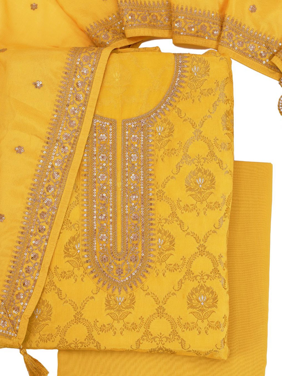 

KULEESH Floral Printed Zari Semi-Stitched Dress Material, Yellow