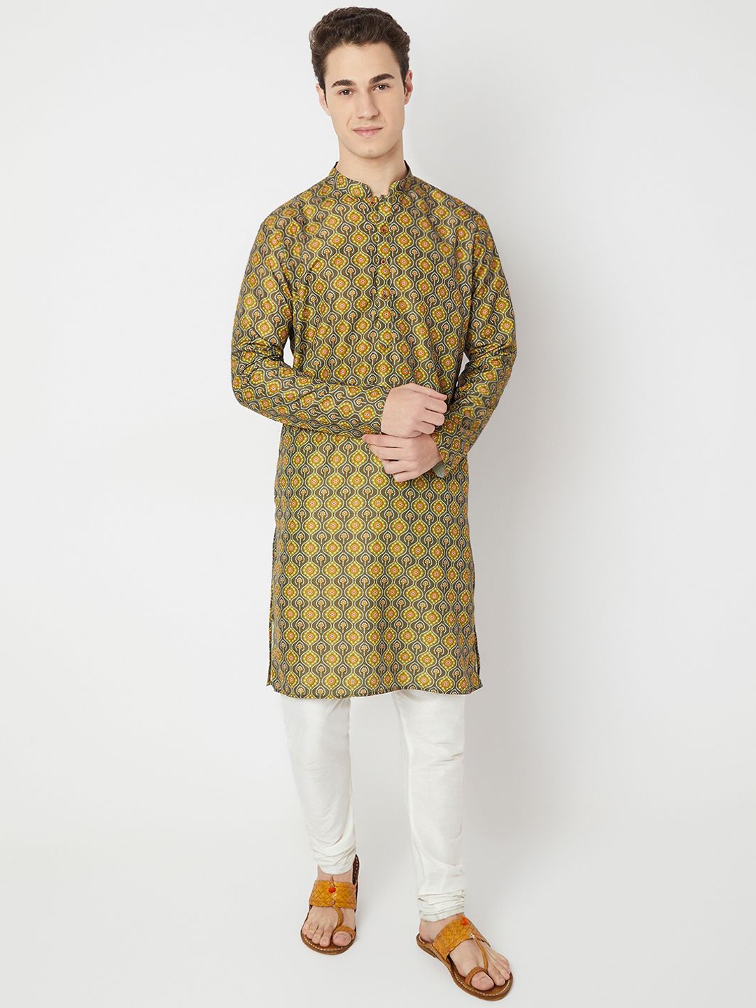 

BELLAZO Ethnic Motifs Printed Mandarin Collar Straight Kurta, Brown