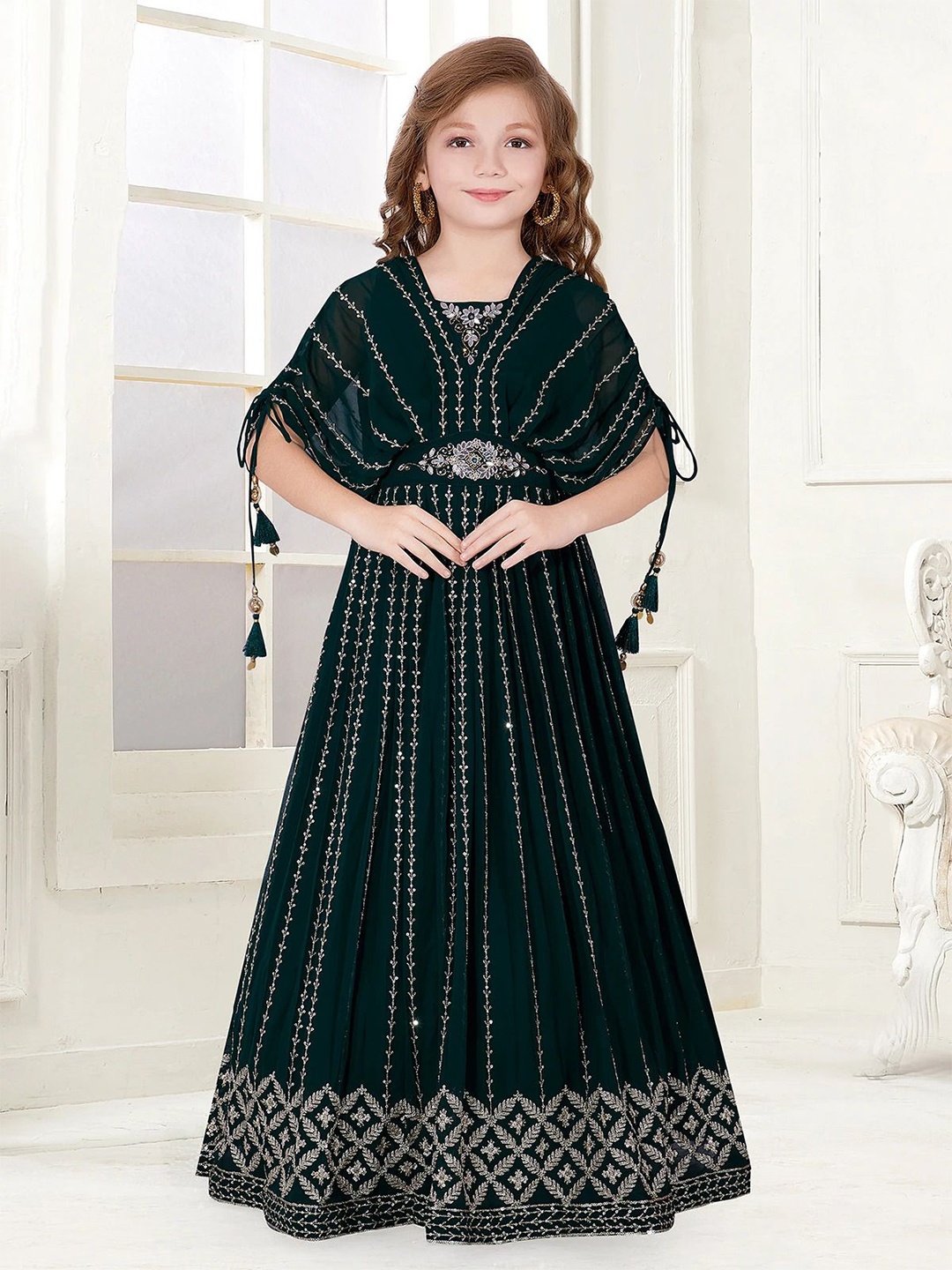 

Wommaniya Impex Girls Embellished Embroidered Gown Dress, Green