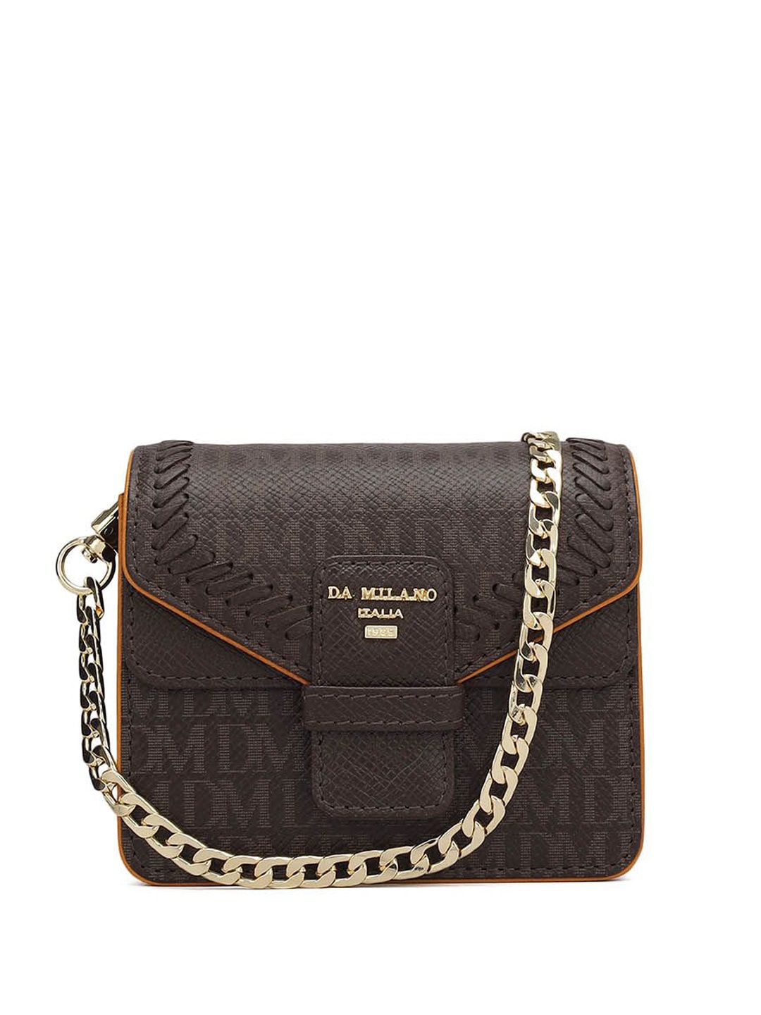 

Da Milano Women Typography Printed Structured Leather Sling Bag, Brown