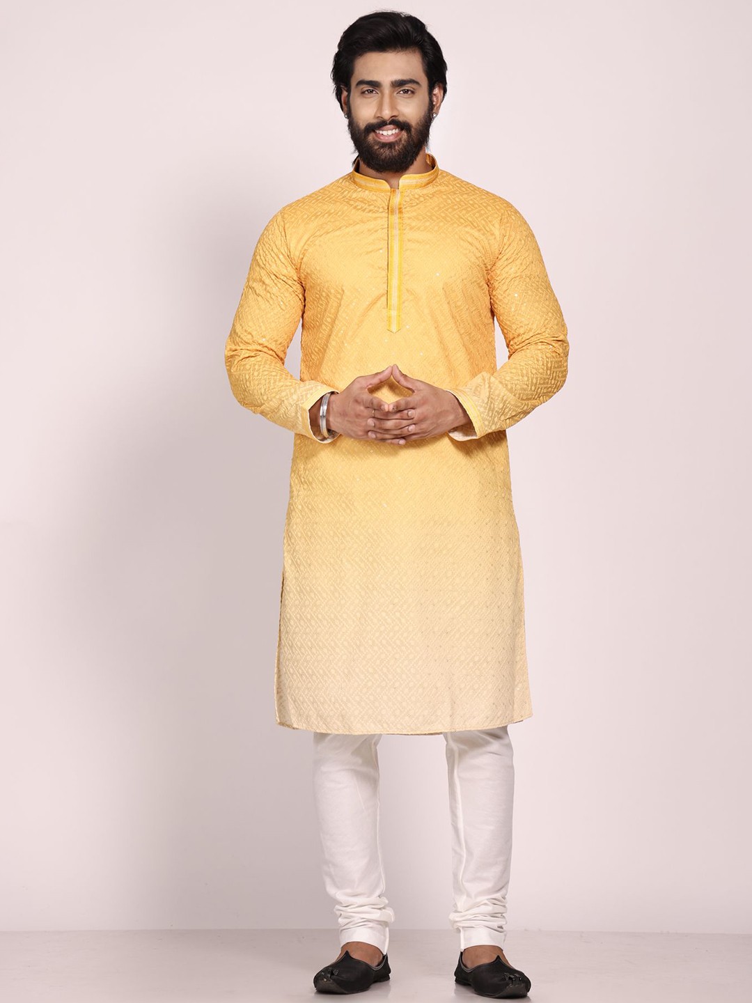 

KHAAS Woven Design Mandarin Collar Sequins Pure Cotton Straight Kurta, Yellow