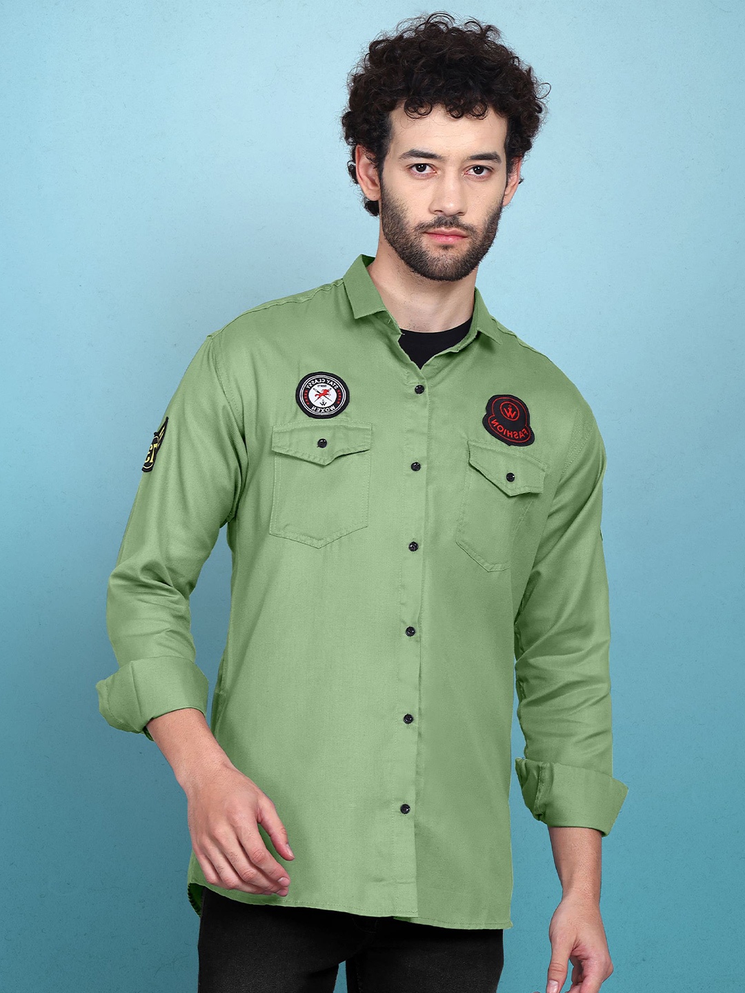 

WOXEN Men Original Fit Spread Collar Solid Cotton Casual Shirt, Green