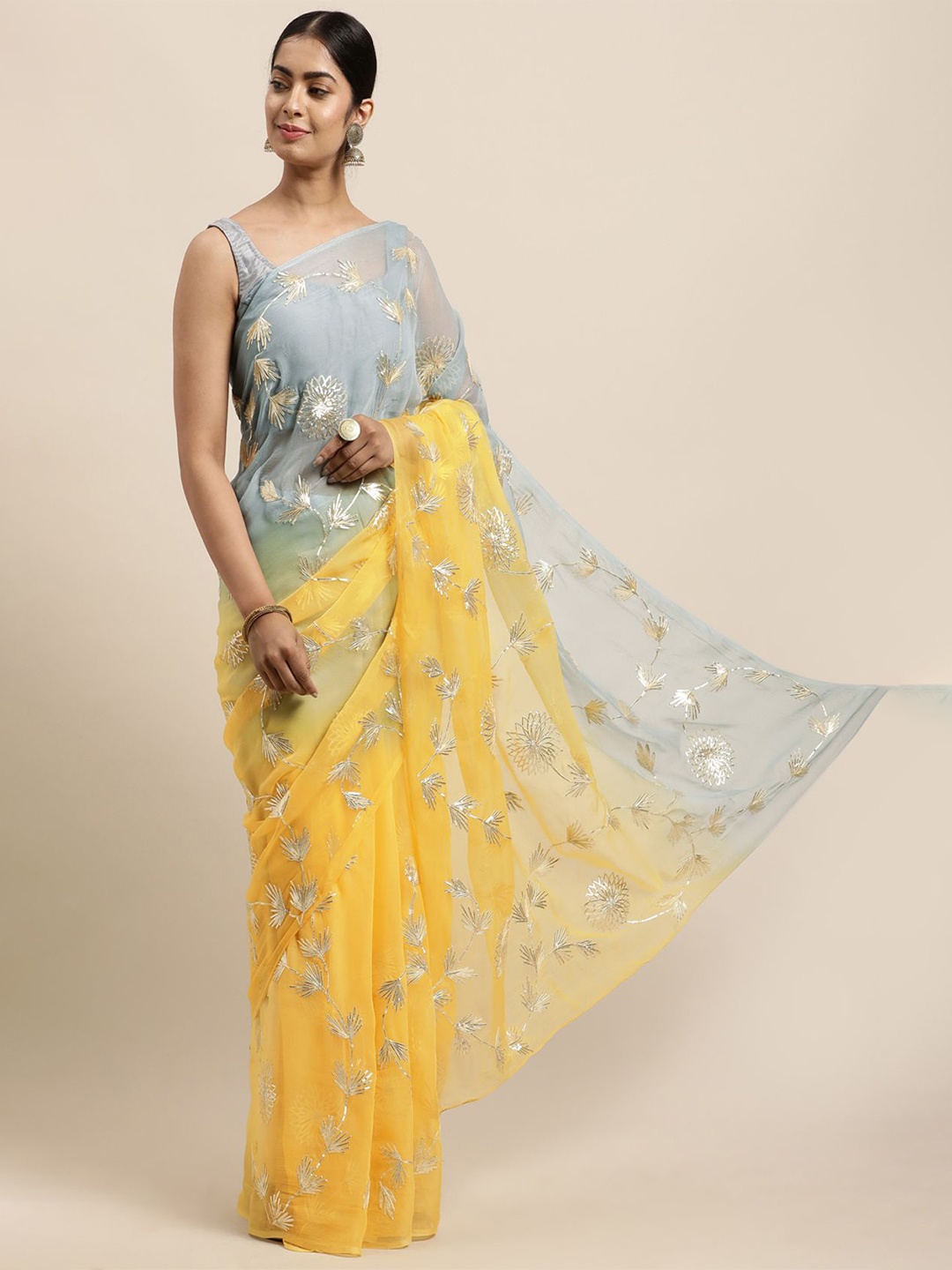 

Geroo Luxe Floral Embroidered Pure Chiffon Ready to Wear Saree, Grey