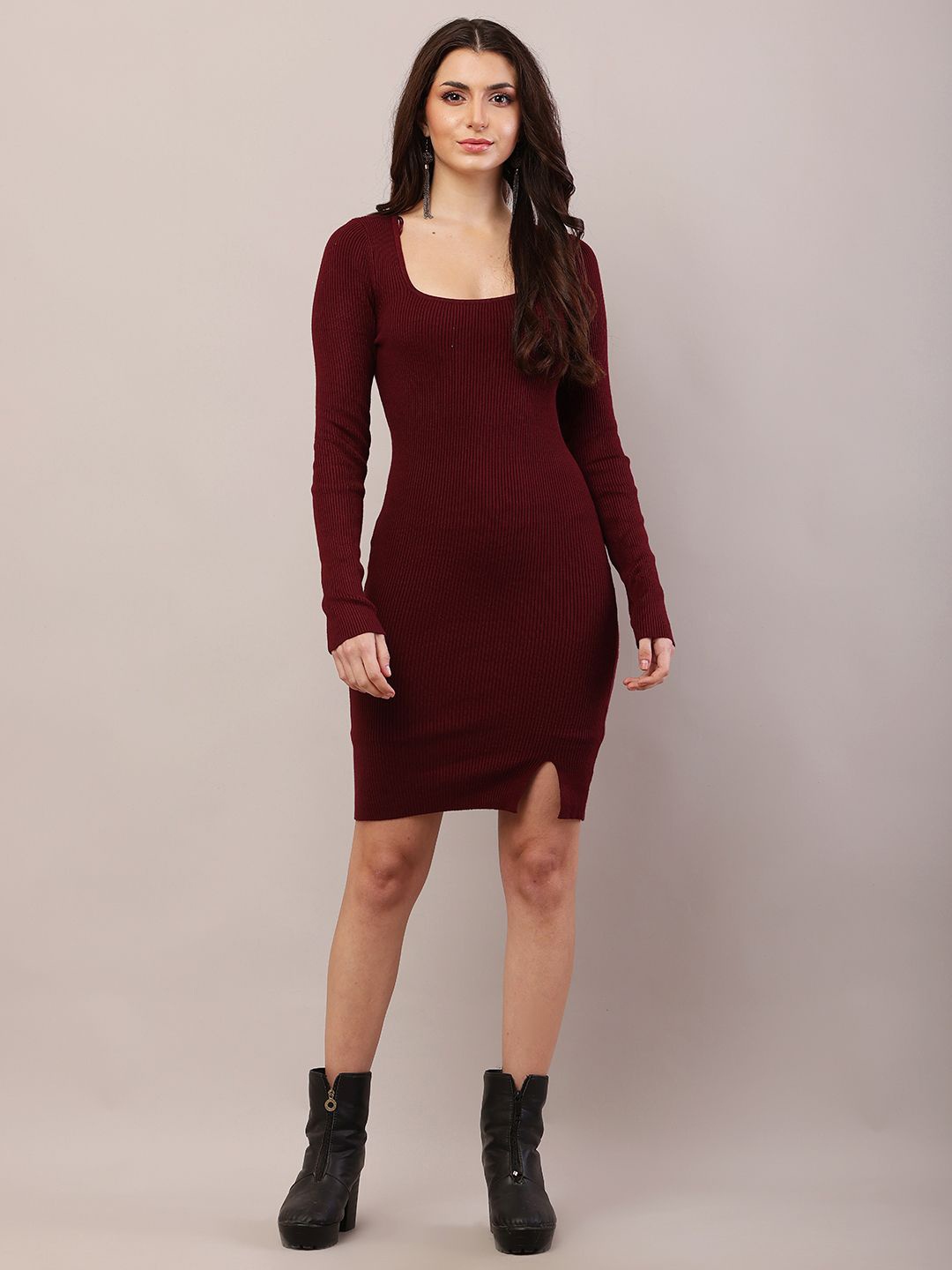 

NoBarr Square Neck Long Sleeves Sheath Dress, Maroon