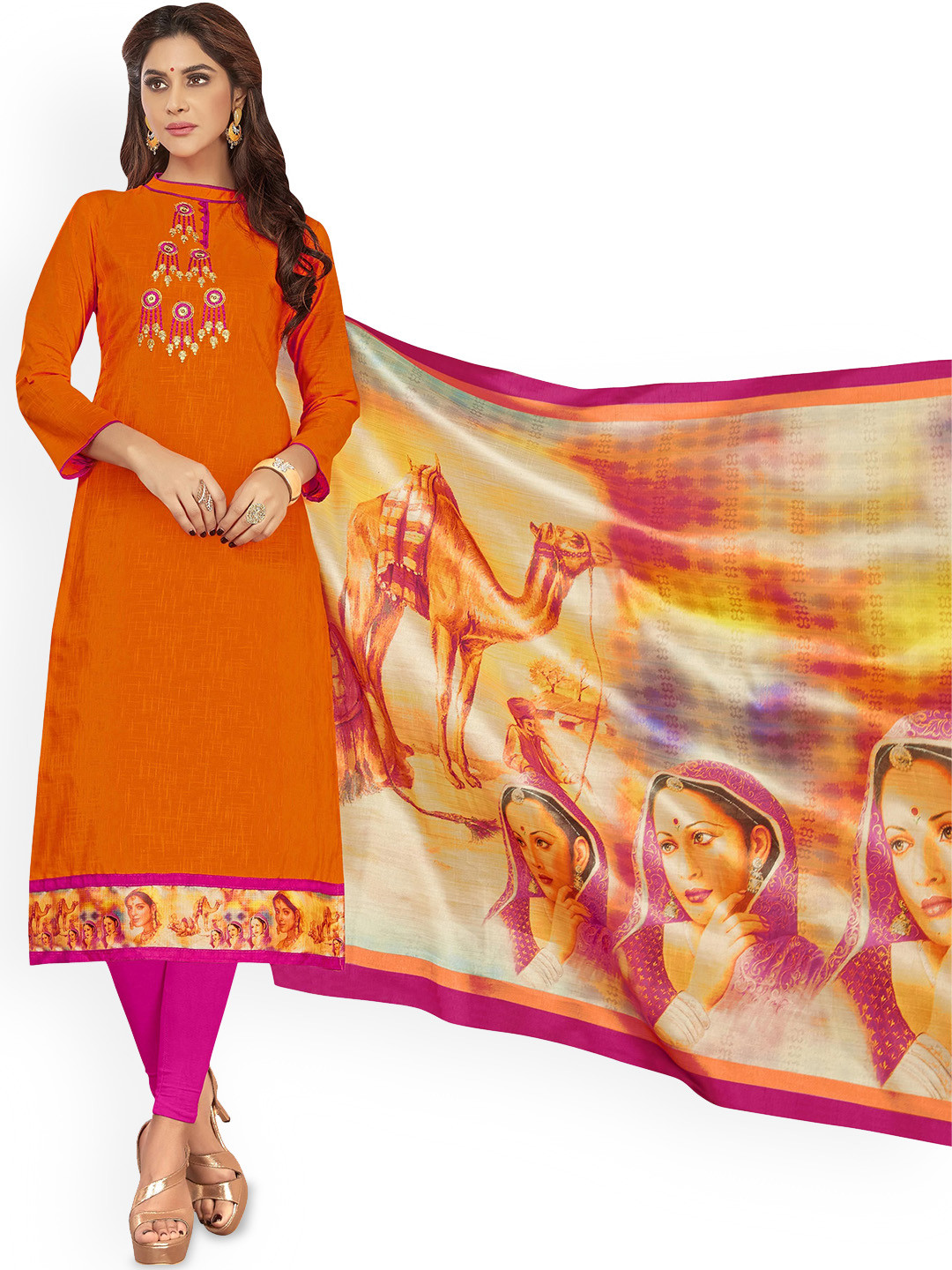 

HERE&NOW Floral Embroidered Unstitched Dress Material, Orange