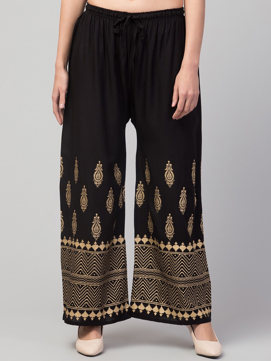 

FAMBEE Women Ethnic Motifs Printed Flared Knitted Palazzos, Black