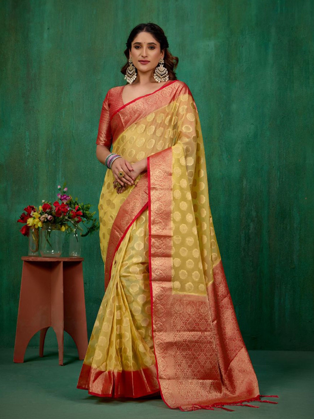

Sangria Women's Organza Silk Woven Saree, Yellow