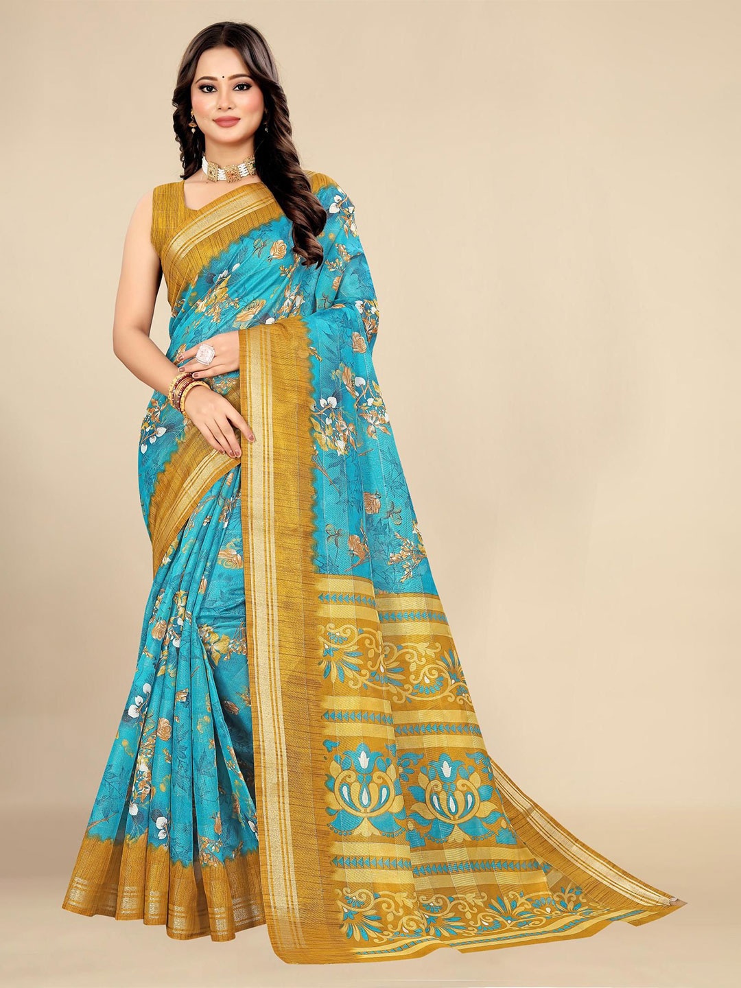 

Styleveda Floral Printed Zari Saree, Turquoise blue