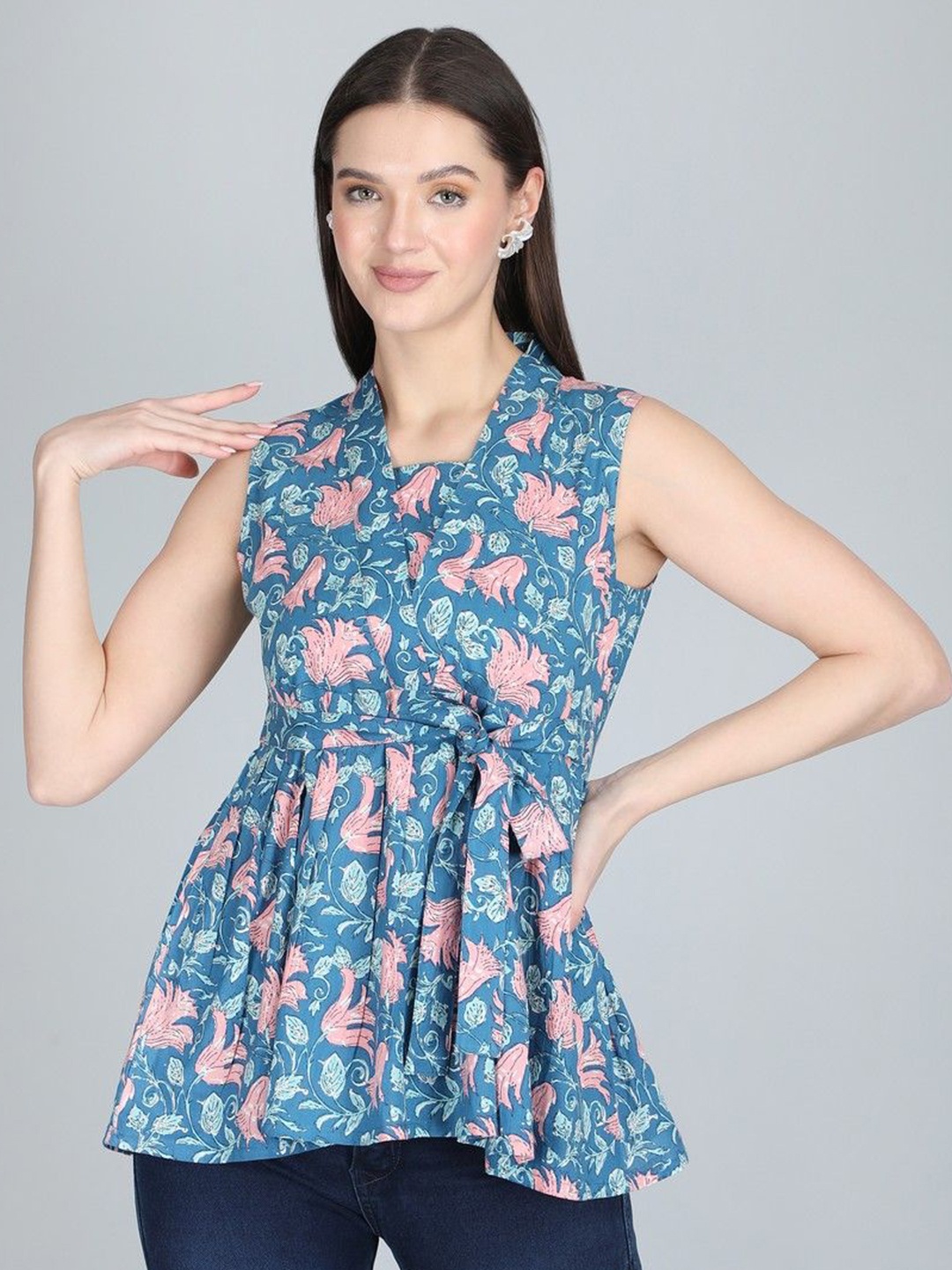 

ANANDITA Women Floral Printed Cotton Peplum Top, Blue