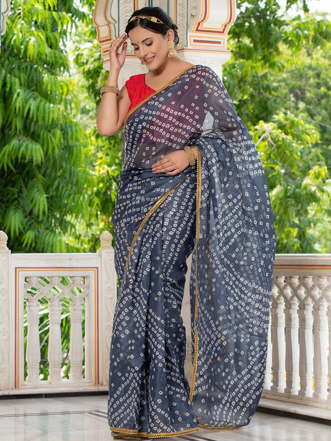 

Indi INSIDE Printed Embellished Beads and Stones Bandhani Saree, Grey