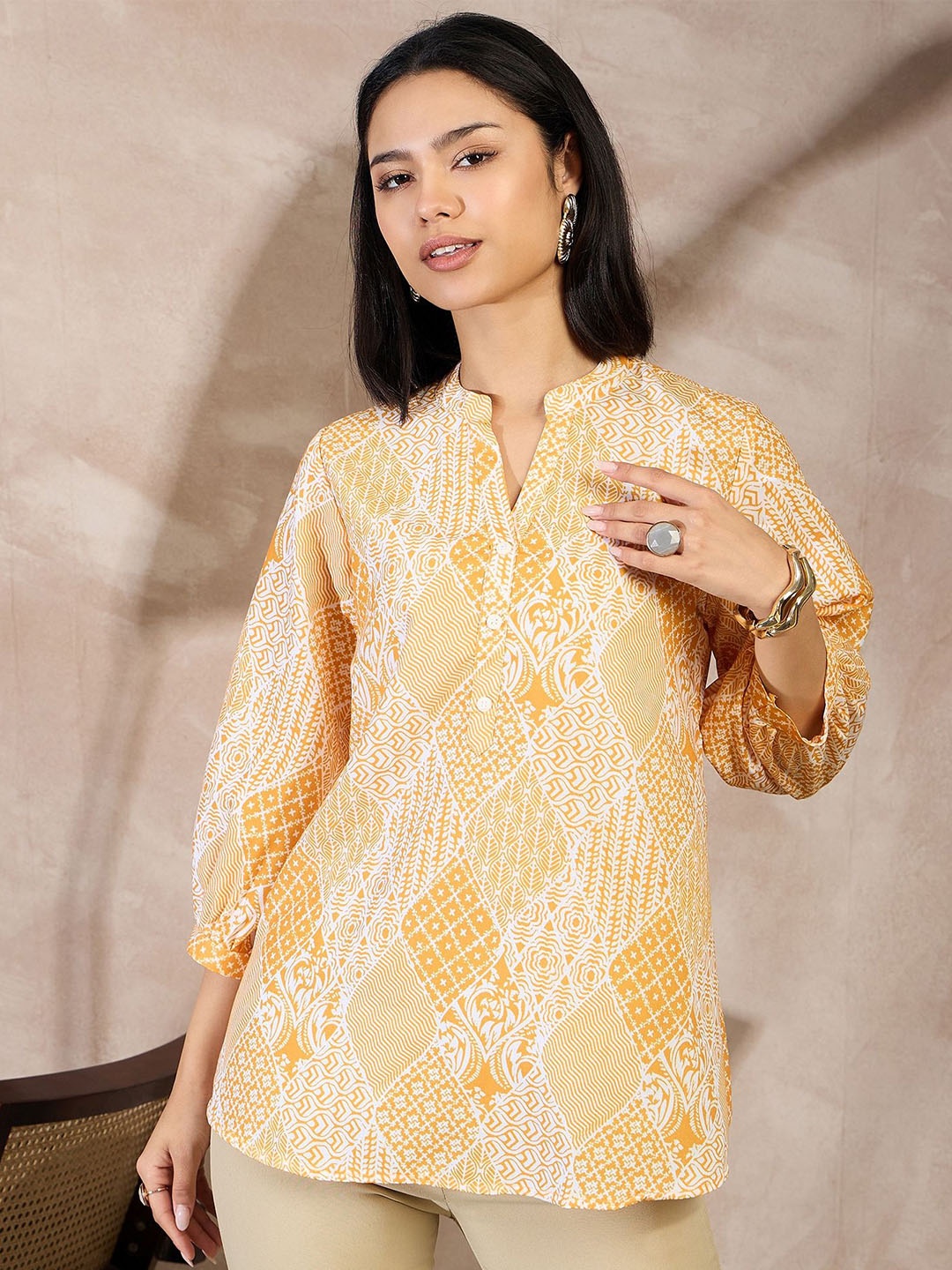 

all about you Geometric Print Mandarin Collar Puff Sleeve Top, Mustard