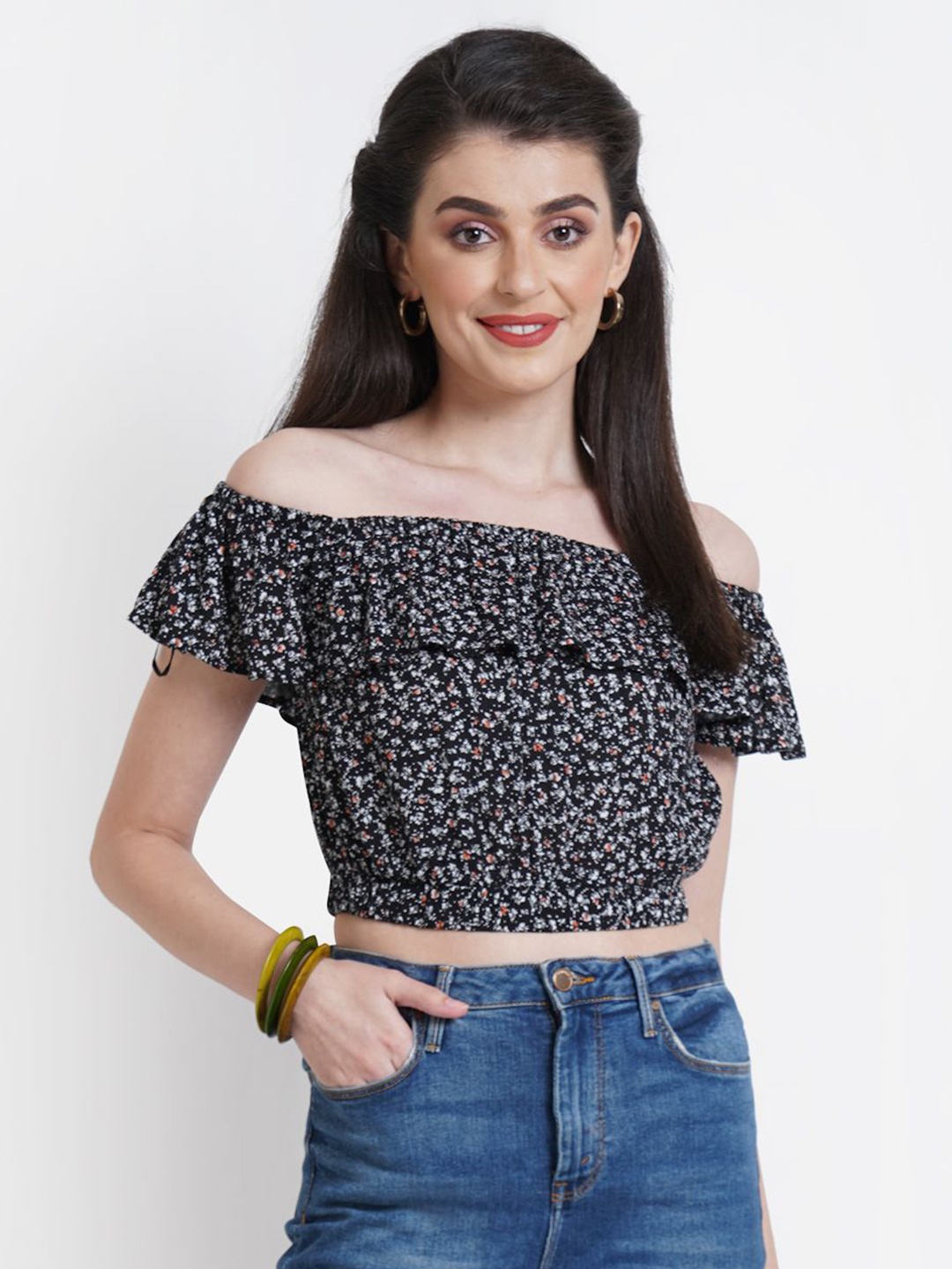 

Moda Rapido Floral Print Off-Shoulder Cotton Crop Top, Black
