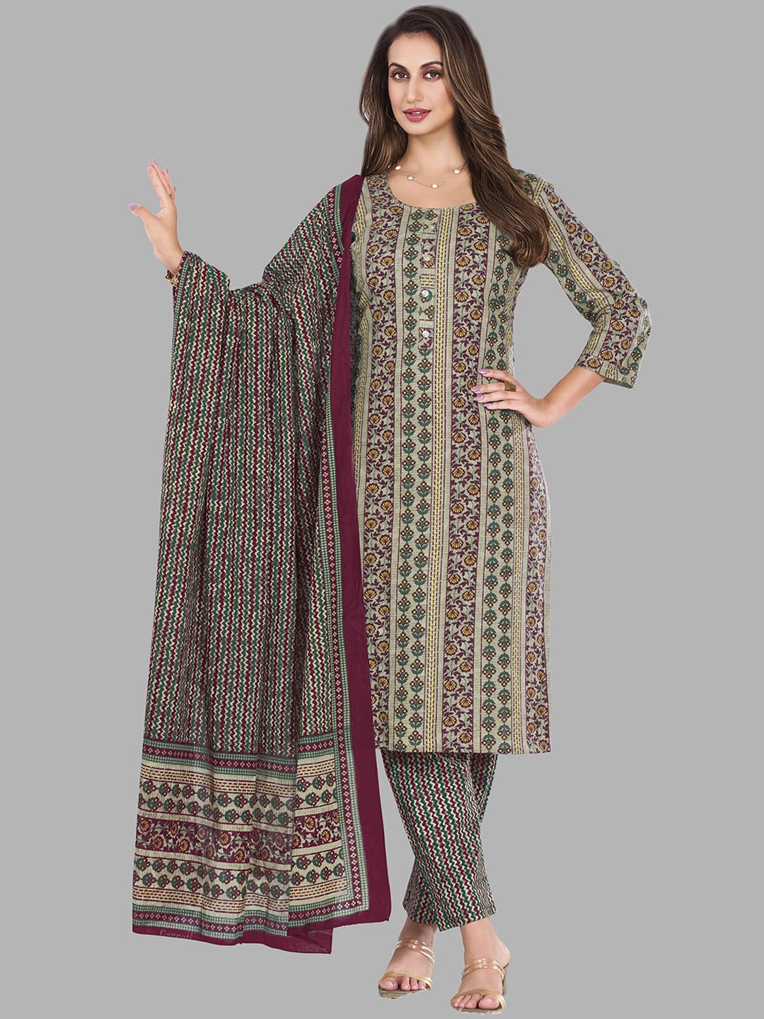 

Simmu Women Printed Regular Pure Cotton Kurta with Churidar & With Dupatta, Green