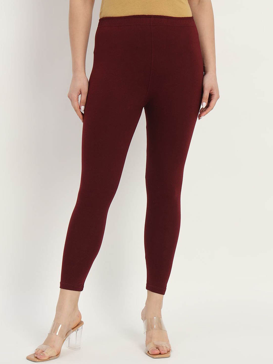 

Thread Plus Women Ankle Length Super Stretchable Solid Cotton Leggings, Burgundy