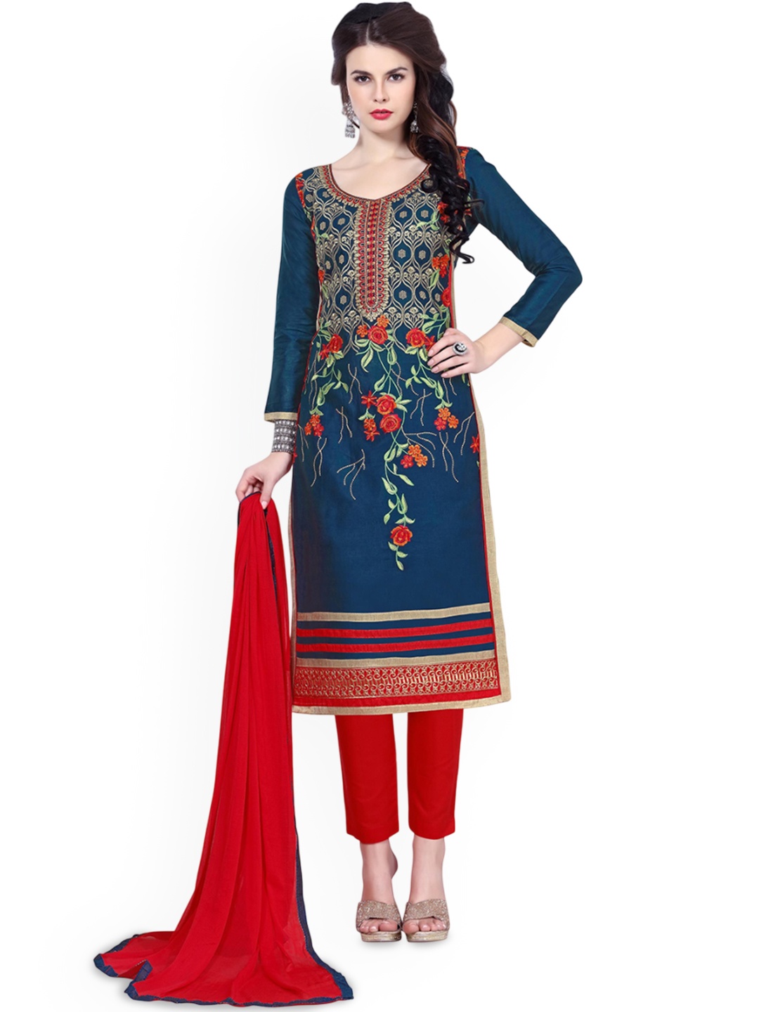 

HERE&NOW Floral Embroidered Glaze Cotton Unstitched Dress Material, Blue