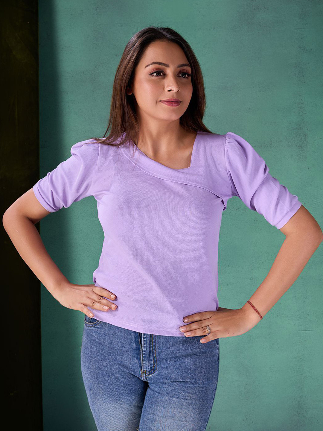 

Fashion FRICKS Halter Neck Puff Sleeve Crop Top, Purple