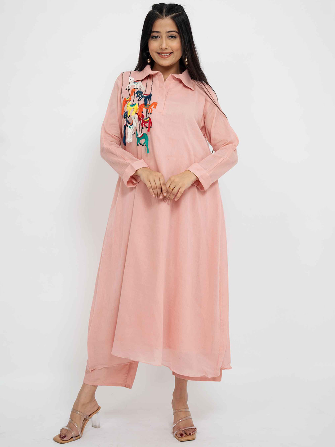 

AFFAIRE'S BY LEVELL5 Women Ethnic Motifs Embroidered Regular Thread Work Pure Cotton Kurta with Palazzos, Pink