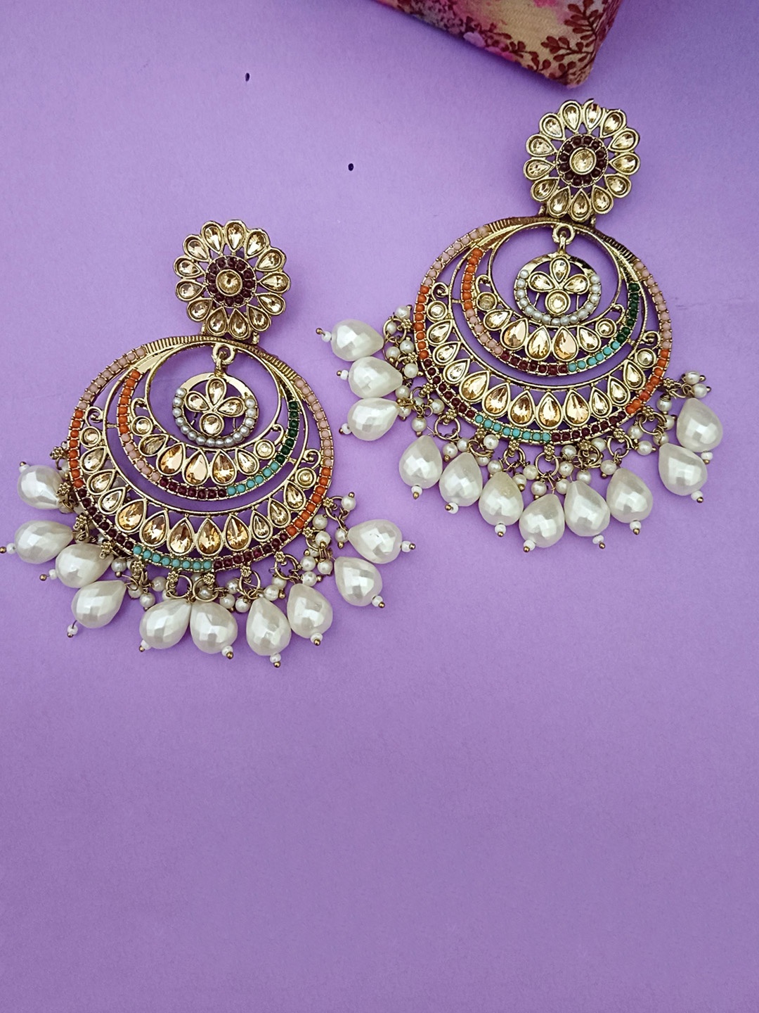 

EVY Gold-Plated Artificial Stones Studded And Beaded Contemporary Shaped Chandbalis